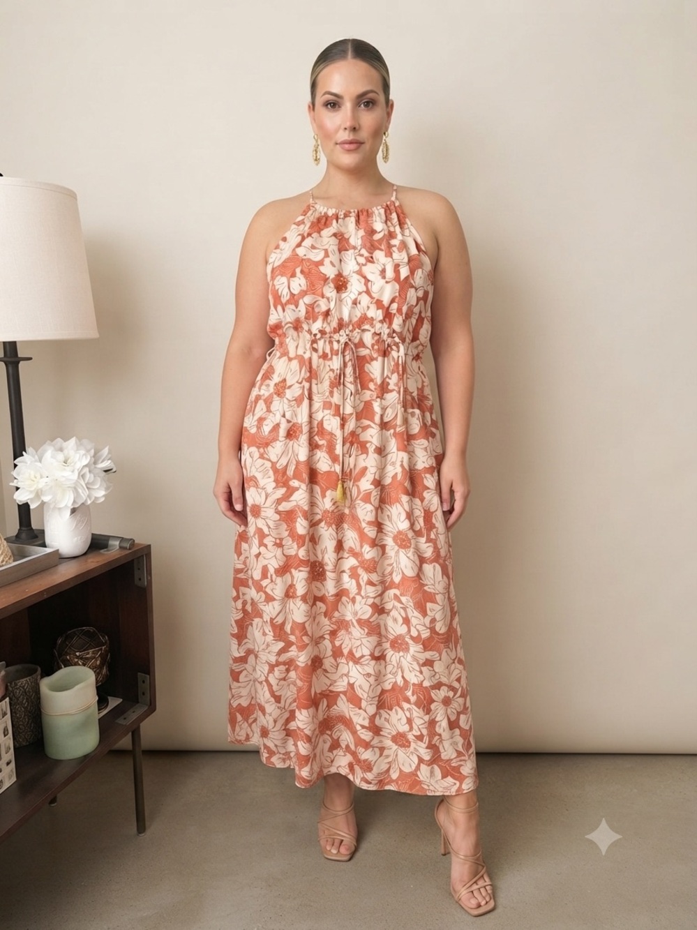 MNG Rust Floral Halter Maxi Dress